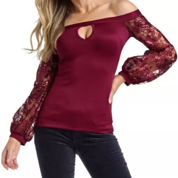 Venus Women's Burgundy Top L Balloon Sleeve Lace Sequin Holiday Christmas Glam - Picture 1 of 10